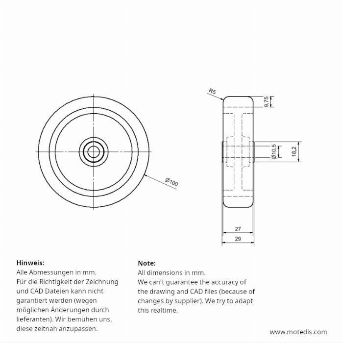 Transportwielen  PP Ø100 boorgat 10mm