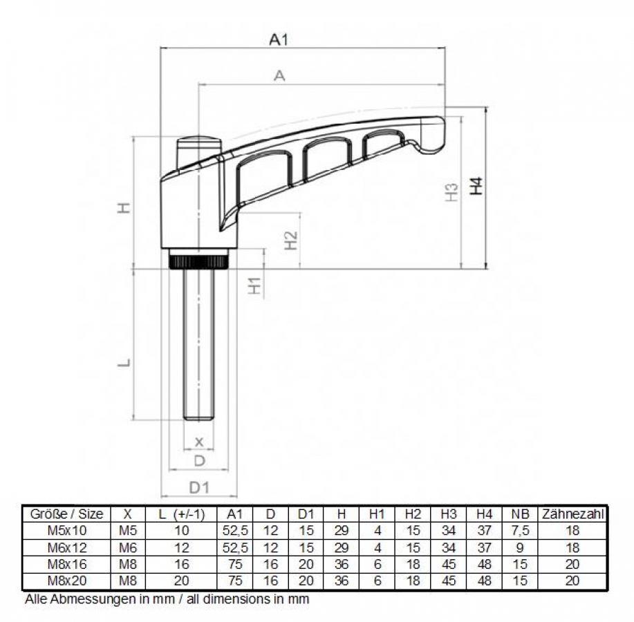 Locking Lever with external thread M8x32 made of plastic and steel