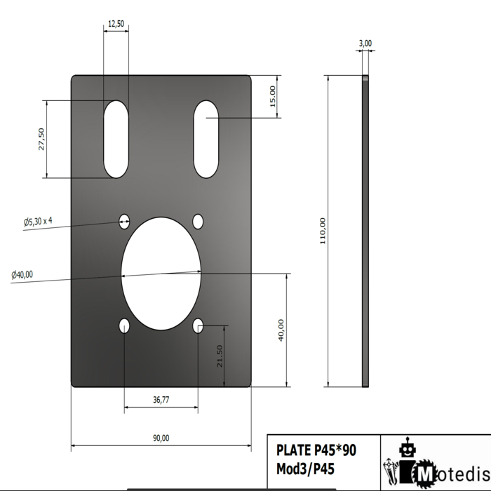 Plaque support reducteur ZDE60 pour profilé 45x90 Laser cut t=3mm